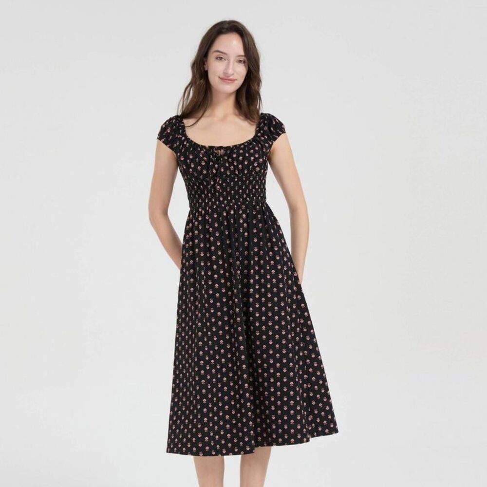 Women's Cap Sleeve Boho Midi Dress - Universal Thread Black Floral S